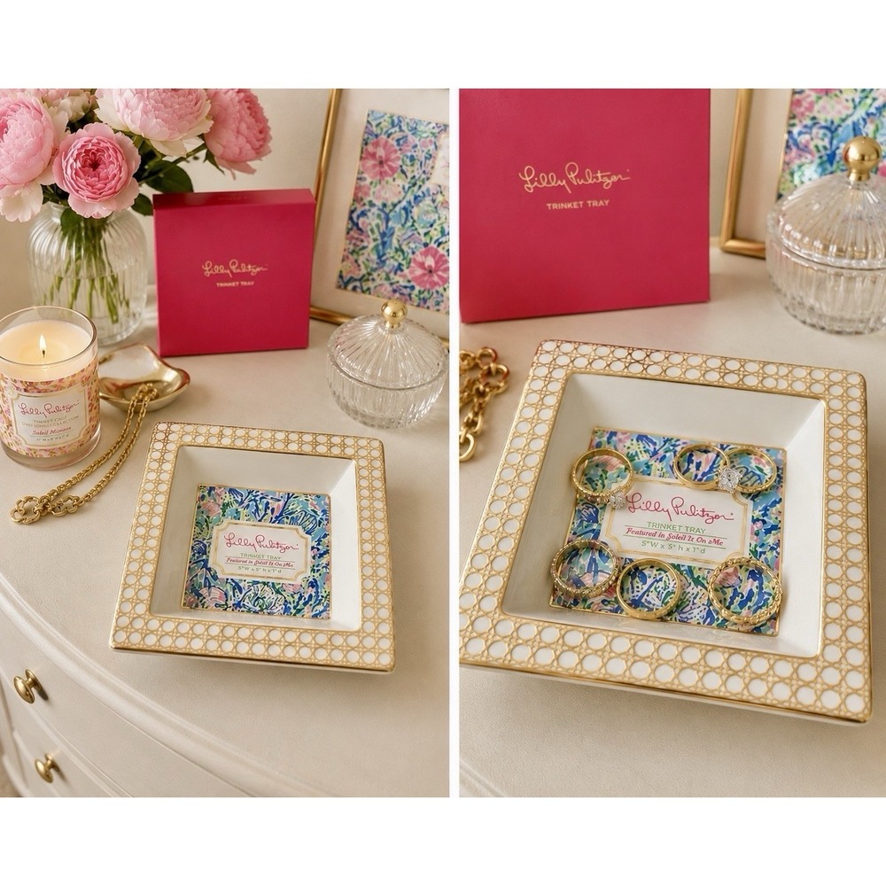 Lilly Pulitzer Soleil It On Me Trinket Tray Gold White Ceramic Jewelry Dish NIB